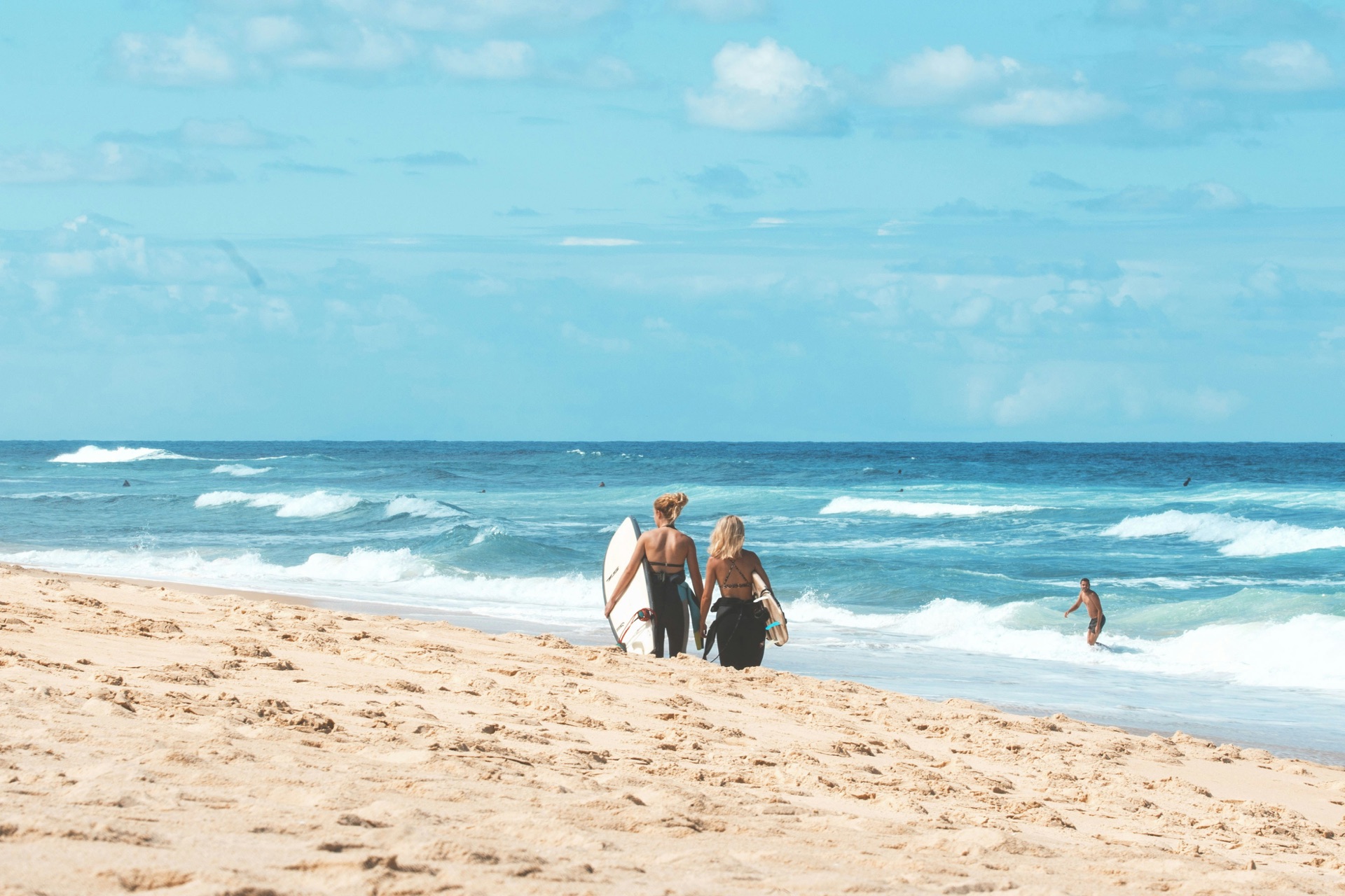 Surfers walking on beach