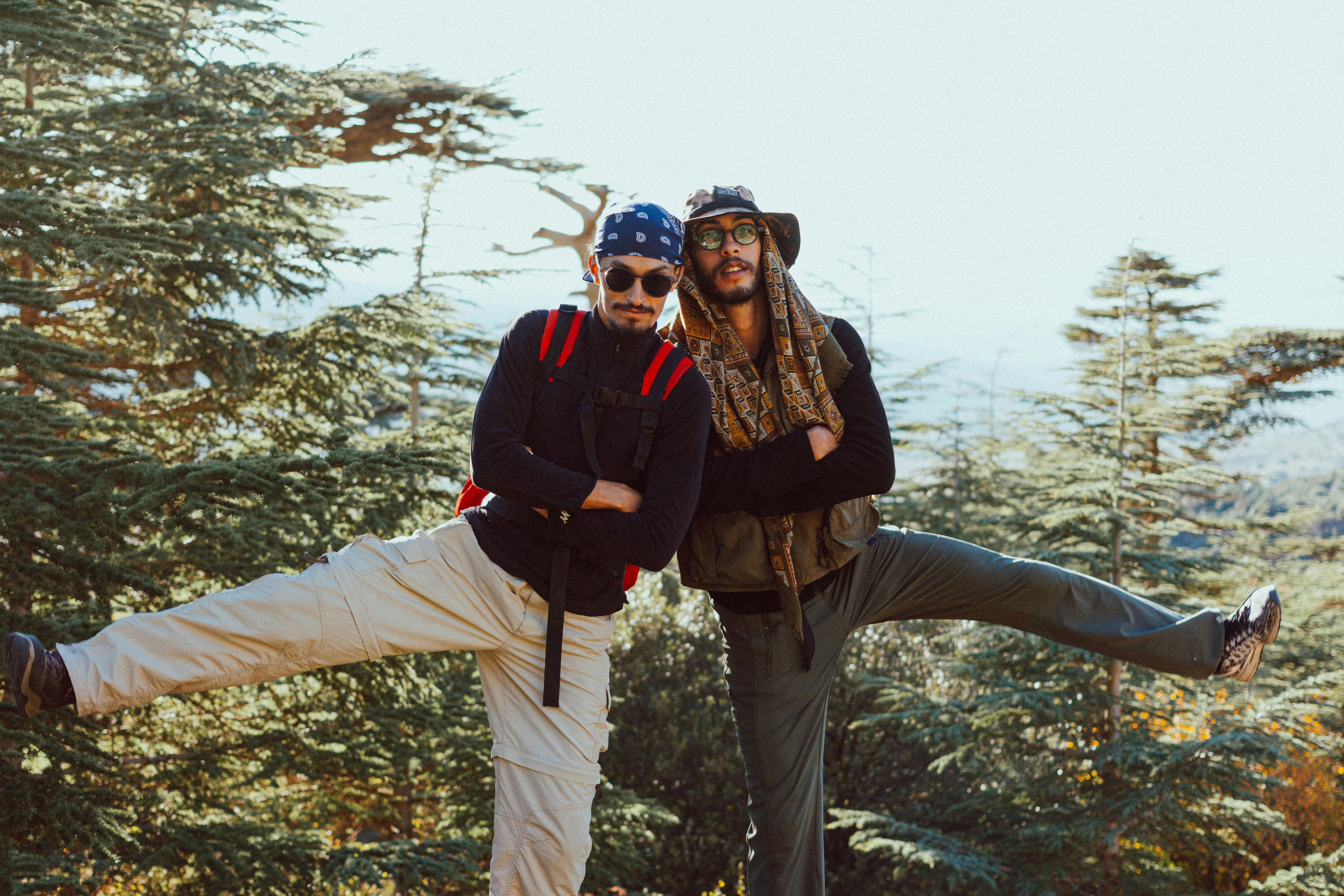 Two friends hiking together in the mountains